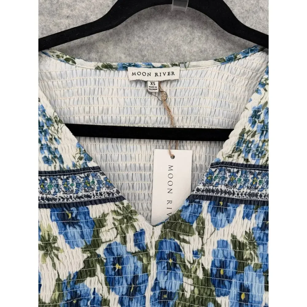 NWT Moon River Blue Floral Smocked Maxi Dress Size X-Small